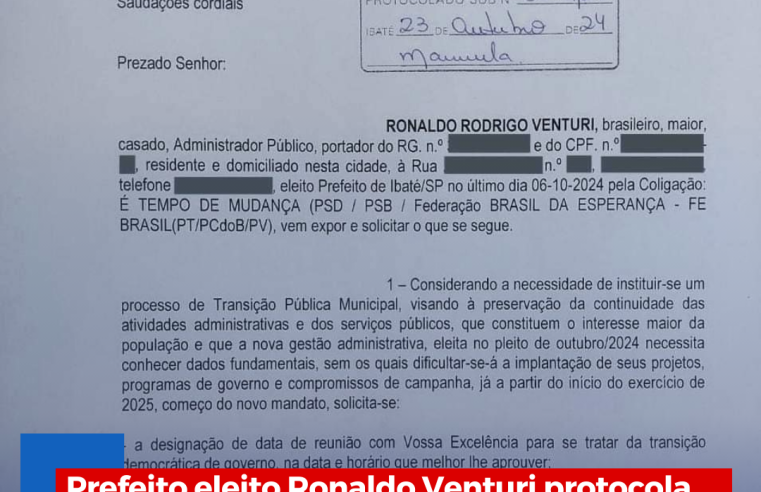 Prefeito eleito Ronaldo Venturi protocola pedido de reunião com Parella para tratar da transição de governo