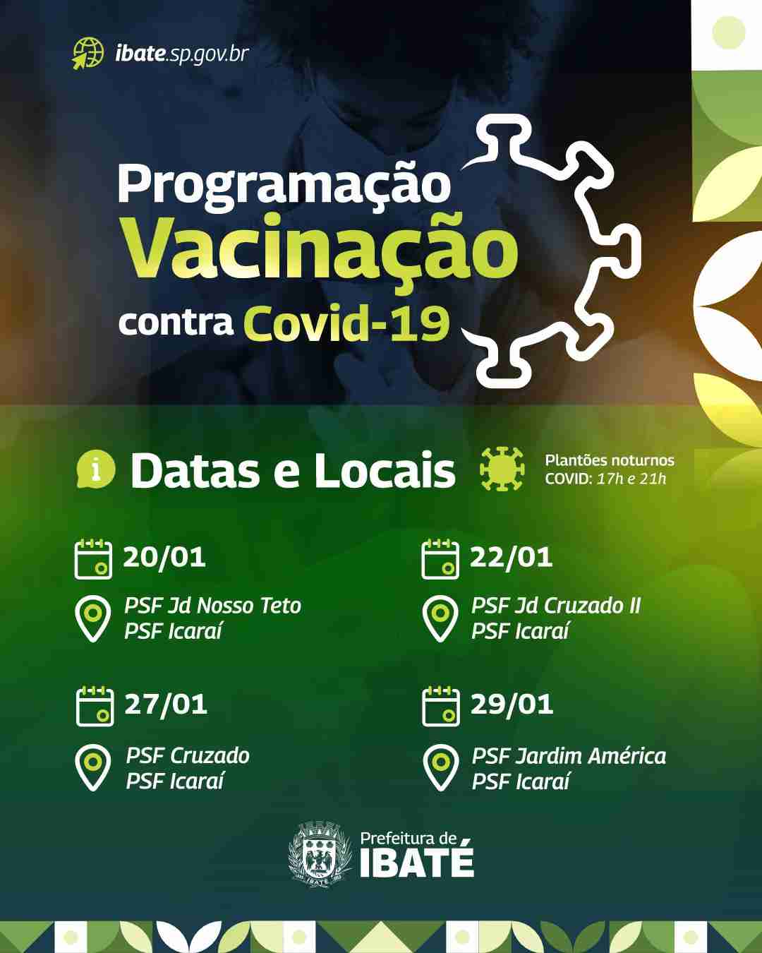 Vacinação noturna contra a Covid-19 em Ibaté começa na segunda-feira dia 20