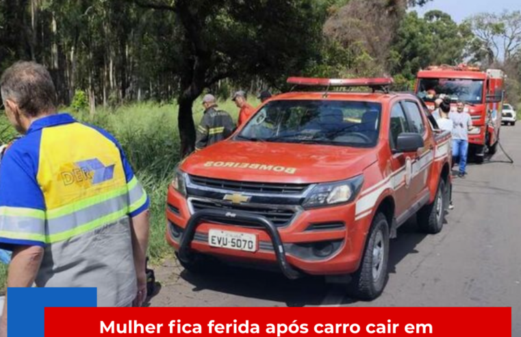 Mulher fica ferida após carro cair em ribanceira na SP-215, em São Carlos