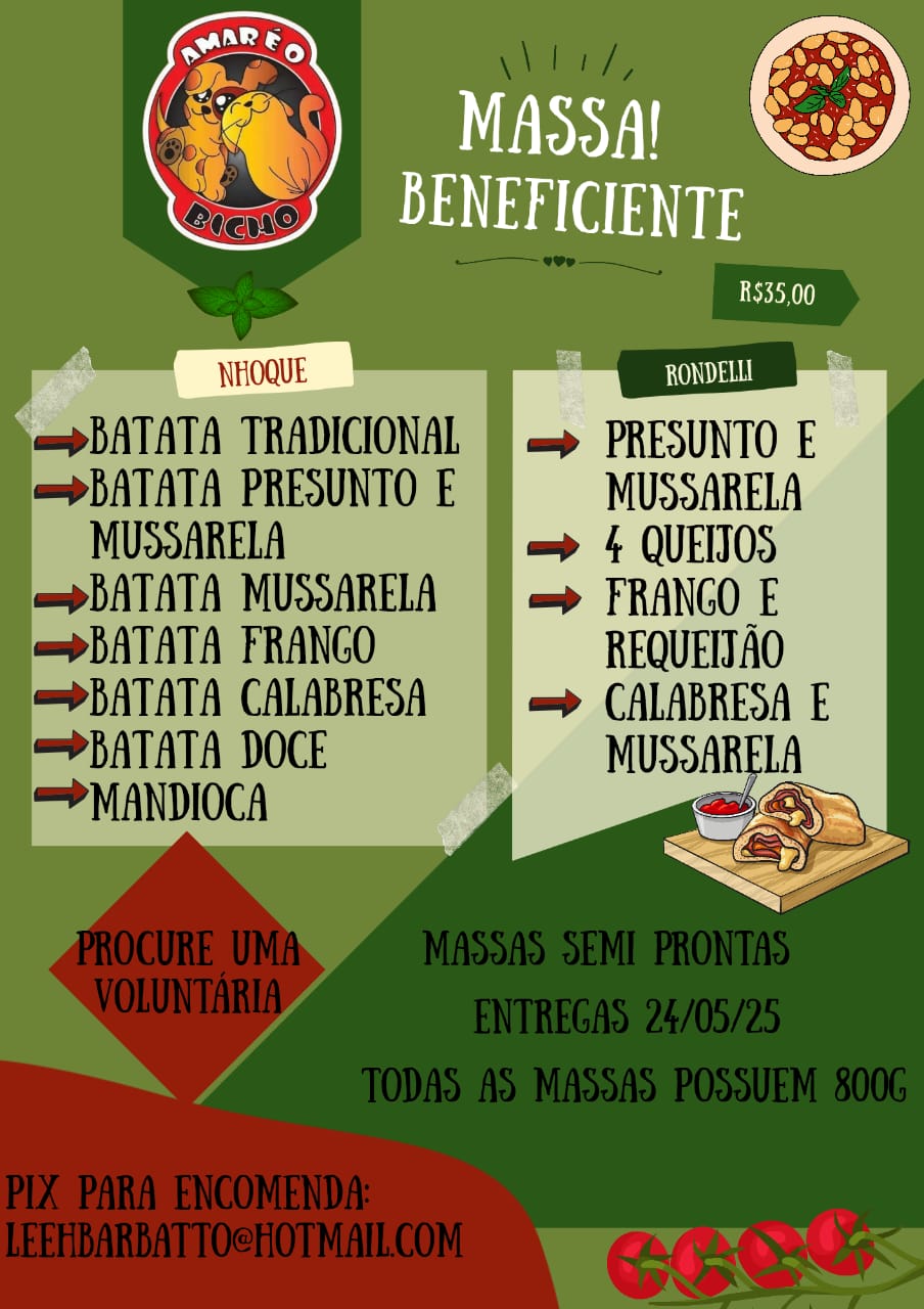 É MASSA BOA E DO BEM!O projeto Amaré o Bicho está com uma ação deliciosa: venda de massas beneficentes para ajudar quem precisa!