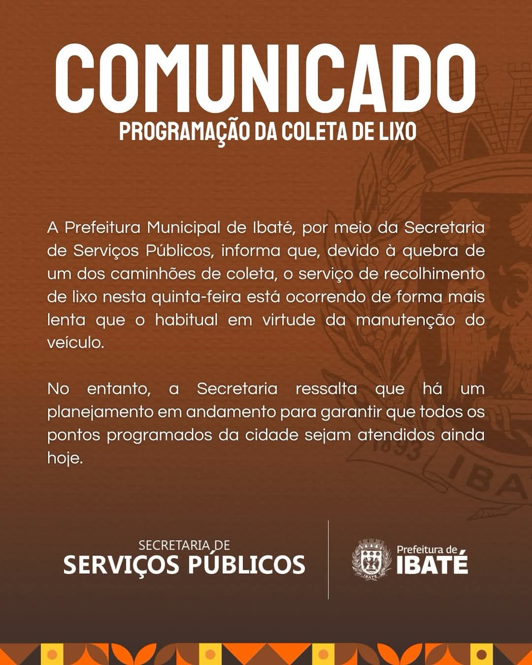 COMUNICADO PROGRAMAÇÃO DA COLETA DE LIXO