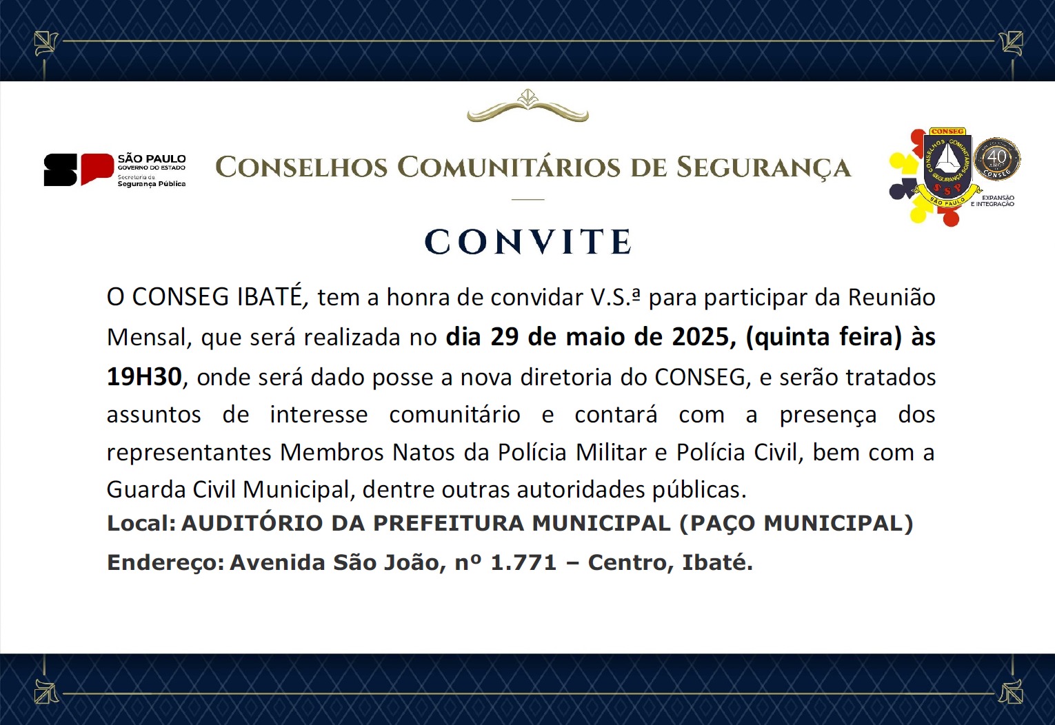 CONSEG Ibaté realiza reunião mensal e posse da nova diretoria nesta quinta-feira