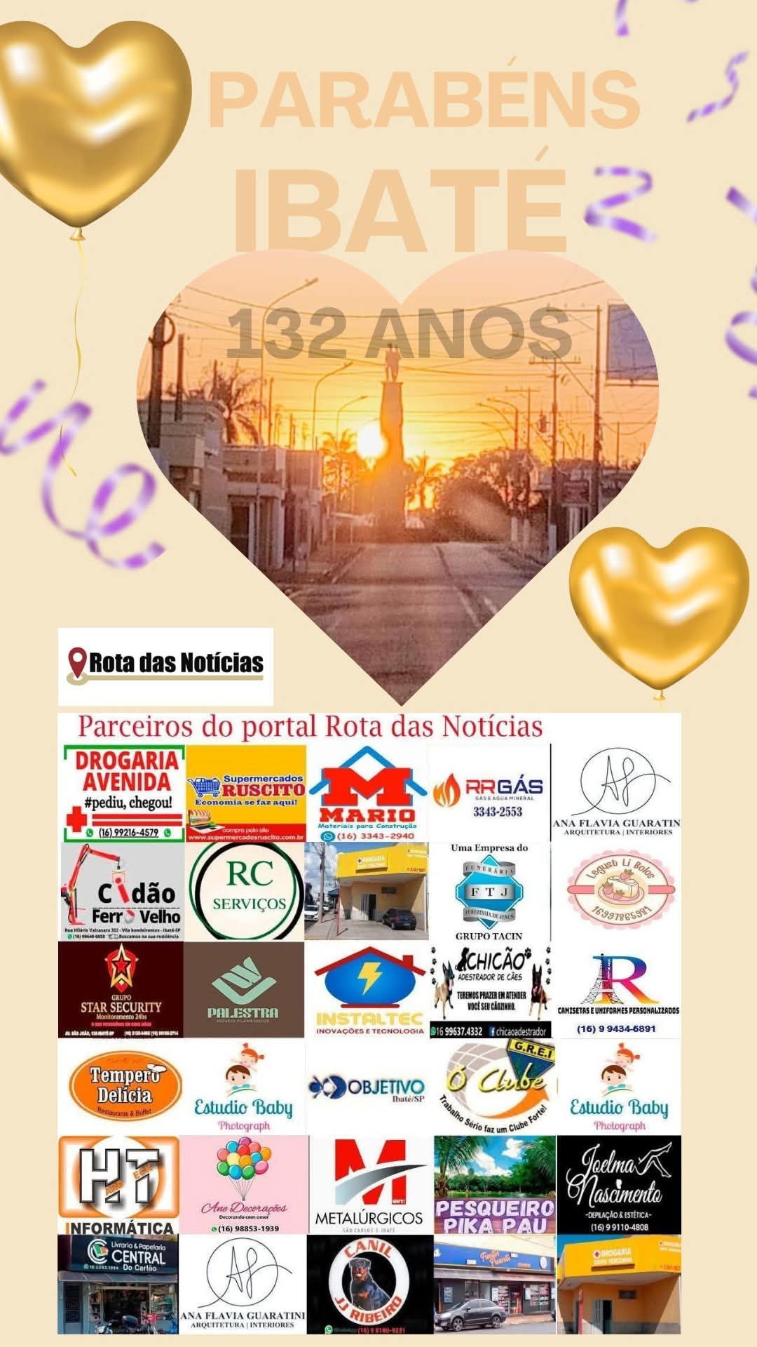Ibaté, uma cidade de um povo acolhedor e de um coração enorme. Muito obrigado Ibaté, por abraçar o Rota das Notícias.Parabéns ibateenses, povo abençoado de uma terra de prosperidade, do amor e da paz.Que Deus continue abençoando essa terra e o seus moradores.Parabéns Ibaté, pelos seus 132 anos!