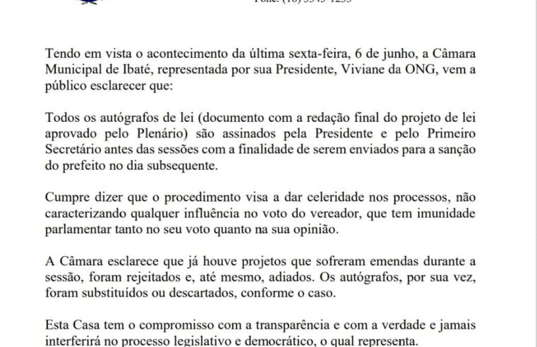 Câmara de Ibaté emite nota de esclarecimento sobre autógrafos de lei assinados antes das sessões