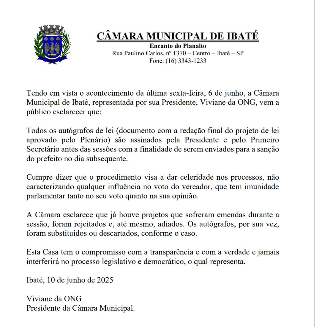 Câmara de Ibaté emite nota de esclarecimento sobre autógrafos de lei assinados antes das sessões