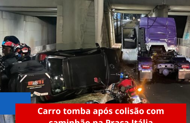 Carro tomba após colisão com caminhão na Praça Itália