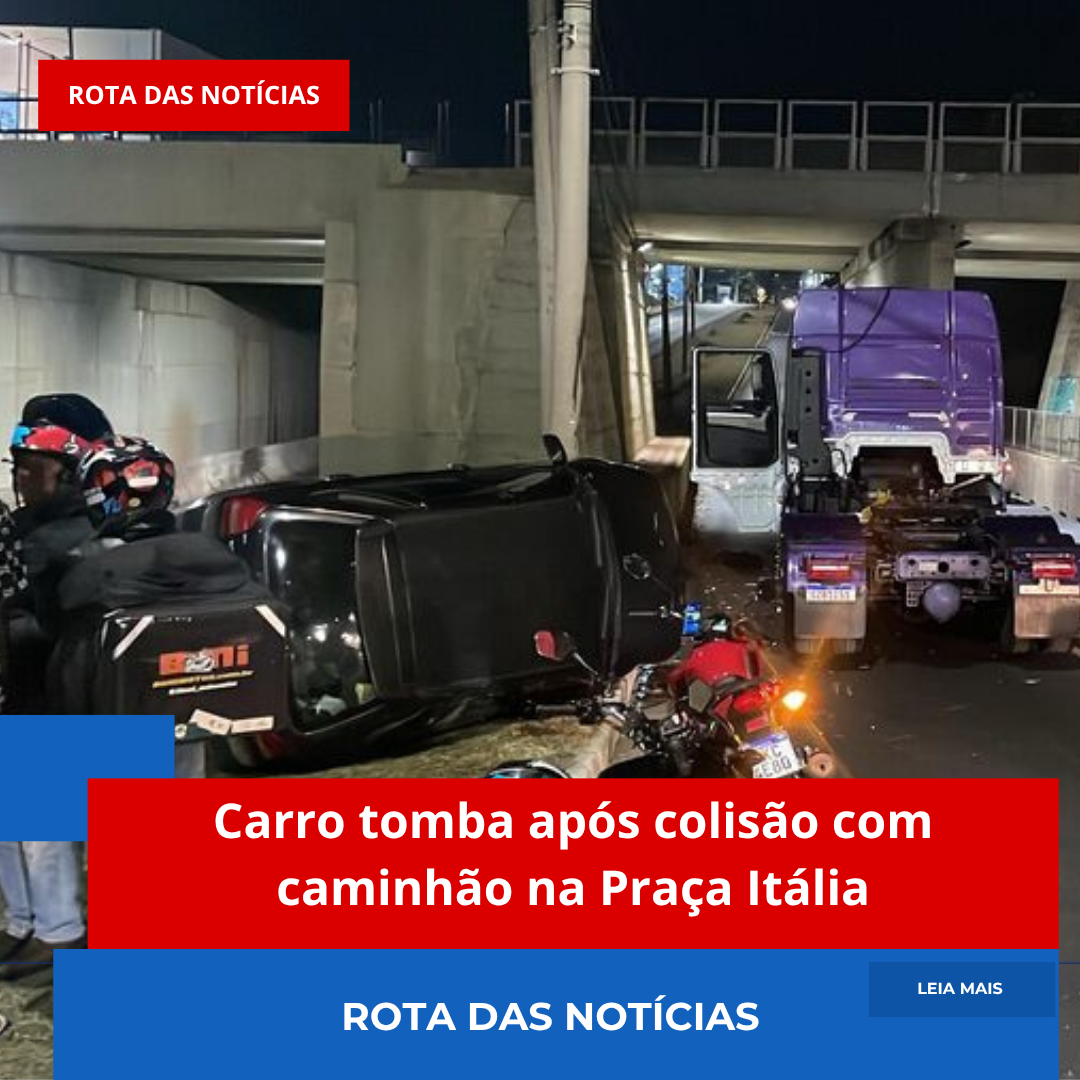 Carro tomba após colisão com caminhão na Praça Itália