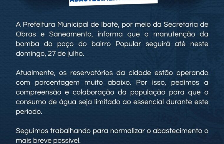 Manutenção de bomba no bairro Popular segue até domingo e Prefeitura de Ibaté pede uso consciente da água