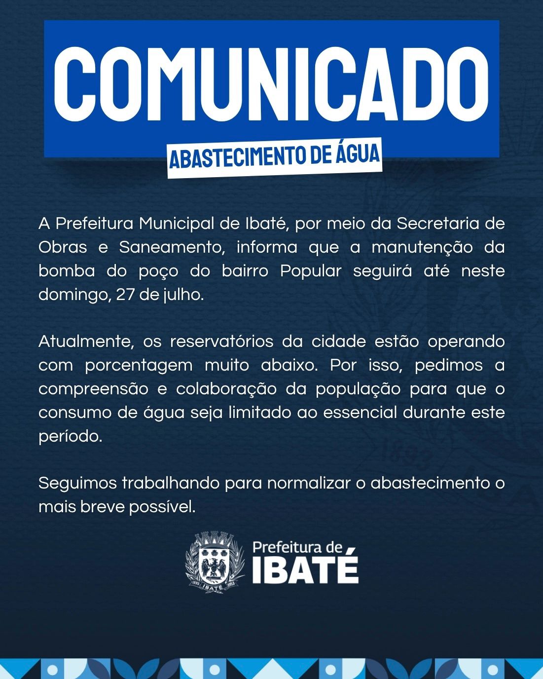 Manutenção de bomba no bairro Popular segue até domingo e Prefeitura de Ibaté pede uso consciente da água