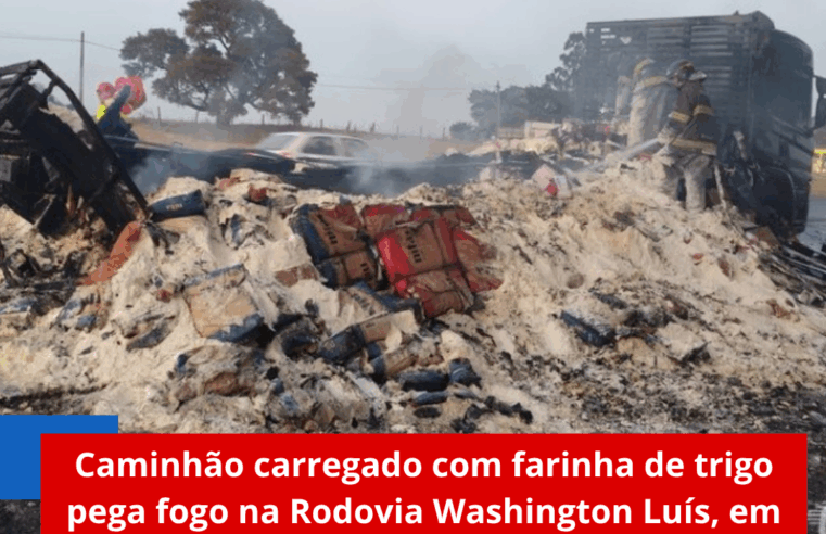 Caminhão carregado com farinha de trigo pega fogo na Rodovia Washington Luís, em Ibaté