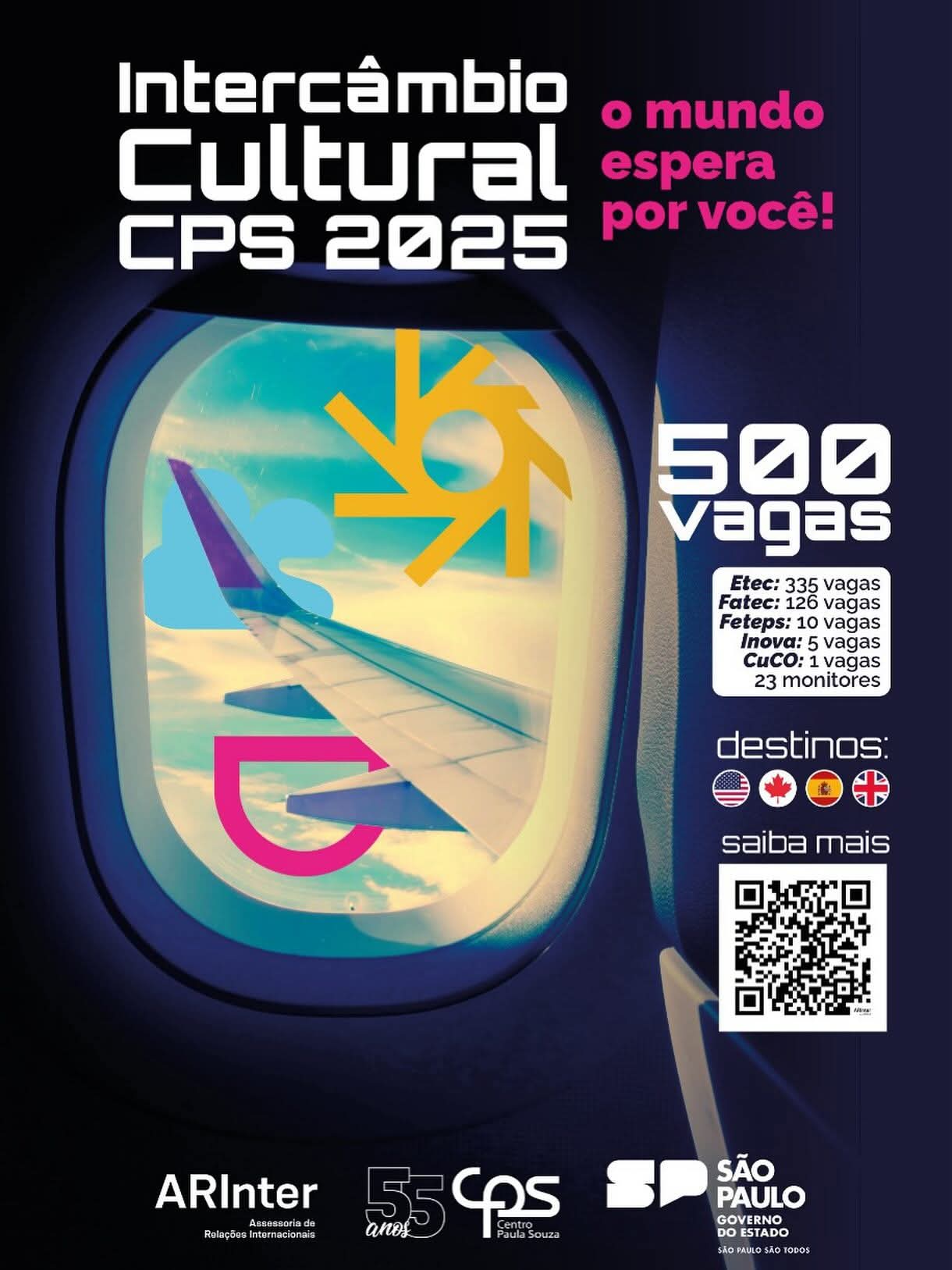 Atenção alunos!!!!!A Assessoria de Relações Internacionais – ARInter – tem o prazer de anunciar a abertura das inscrições para o Intercâmbio Cultural 2025, uma excelente oportunidade de desenvolvimento intercultural e vivência internacional para os estudantes de Etecs e Fatecs.