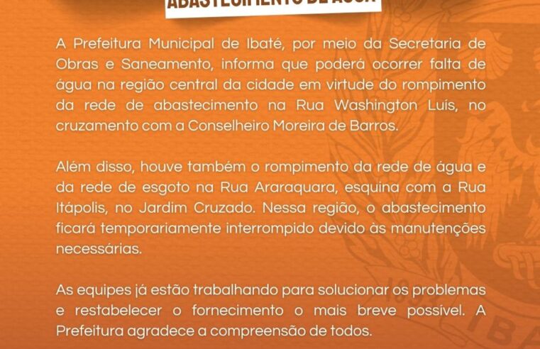 Rompimento em rede causa interrupção temporária no abastecimento de água em Ibaté