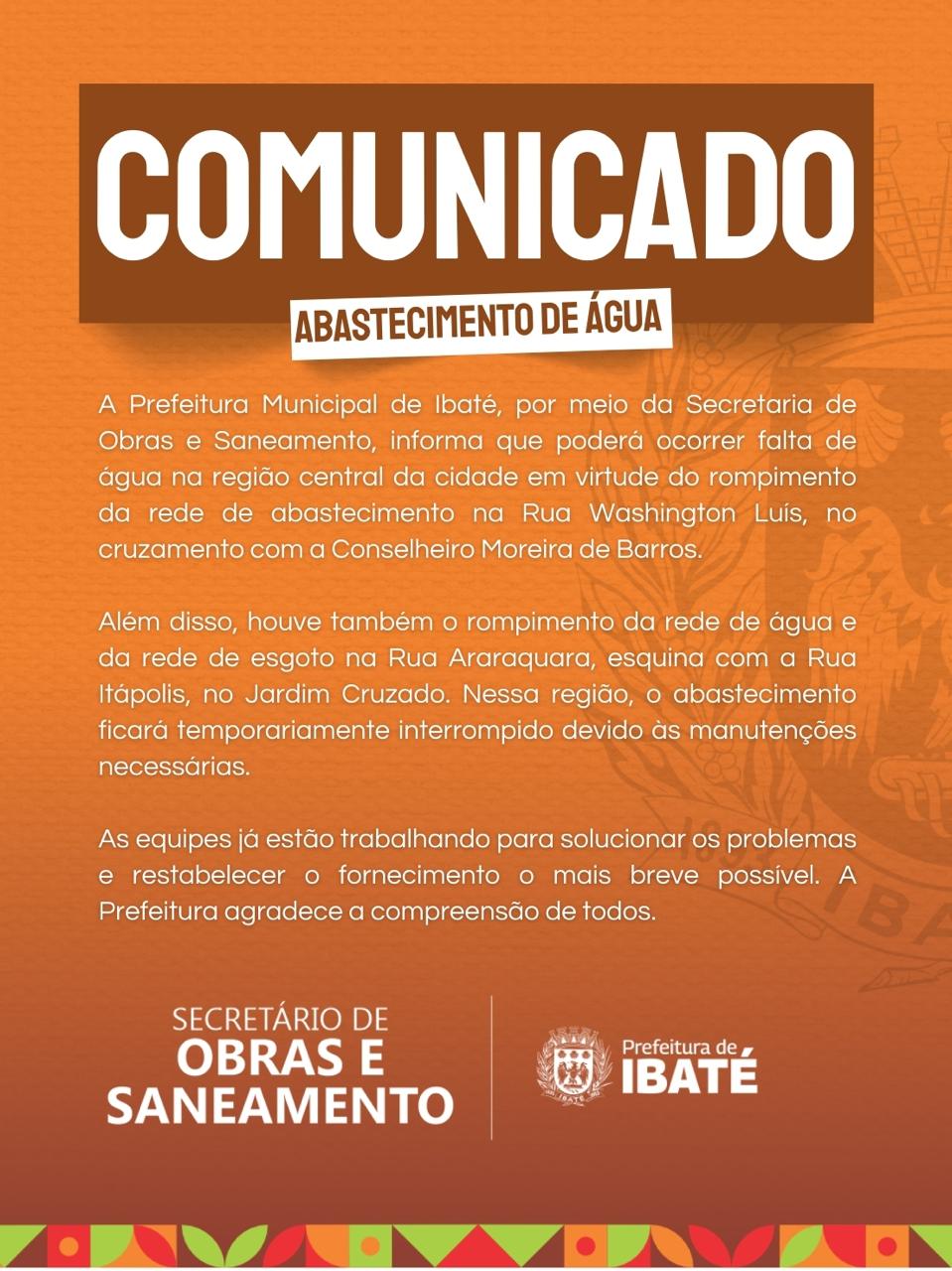 Rompimento em rede causa interrupção temporária no abastecimento de água em Ibaté