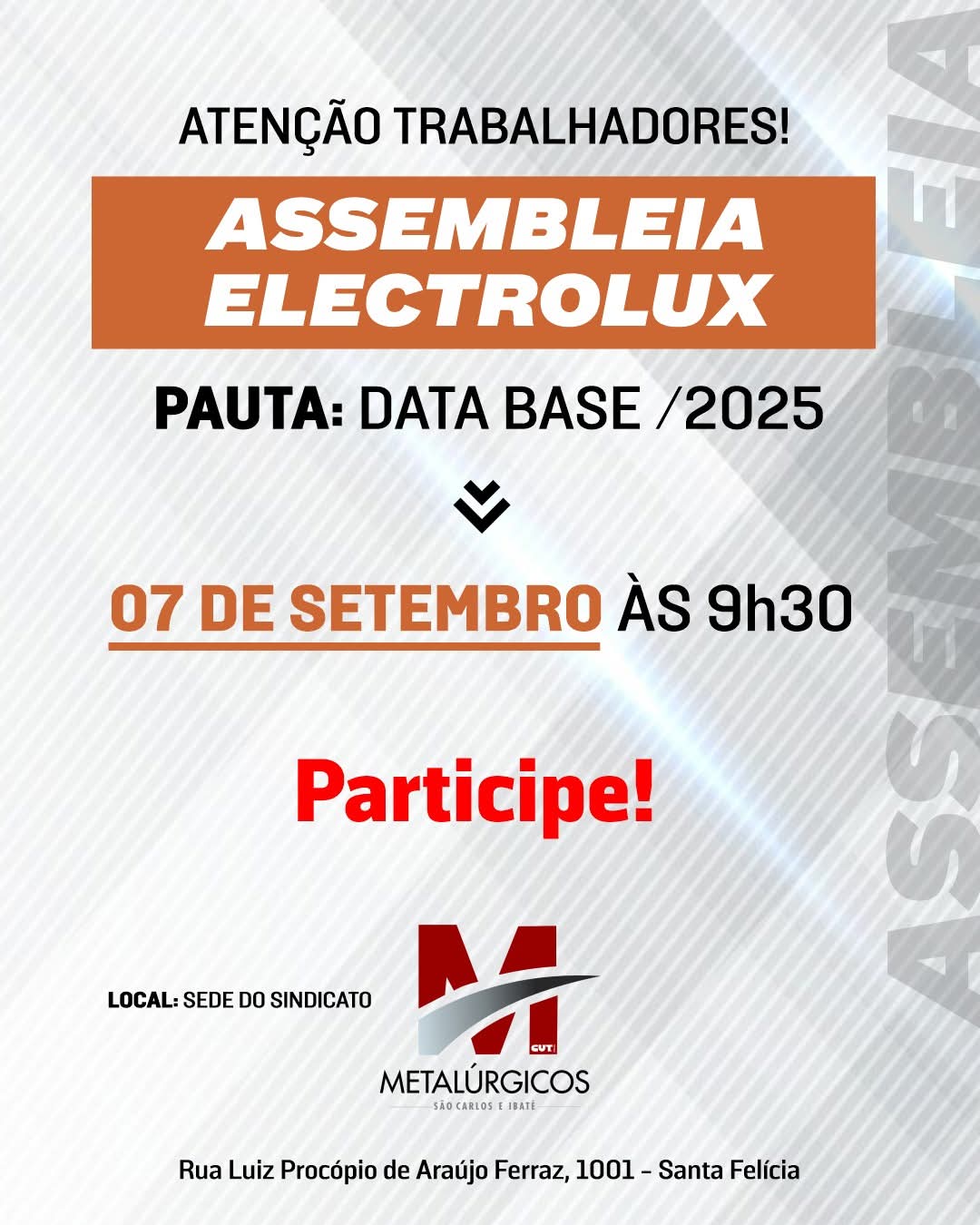 📢 ELECTROLUX: Assembleia neste domingo (07/09)