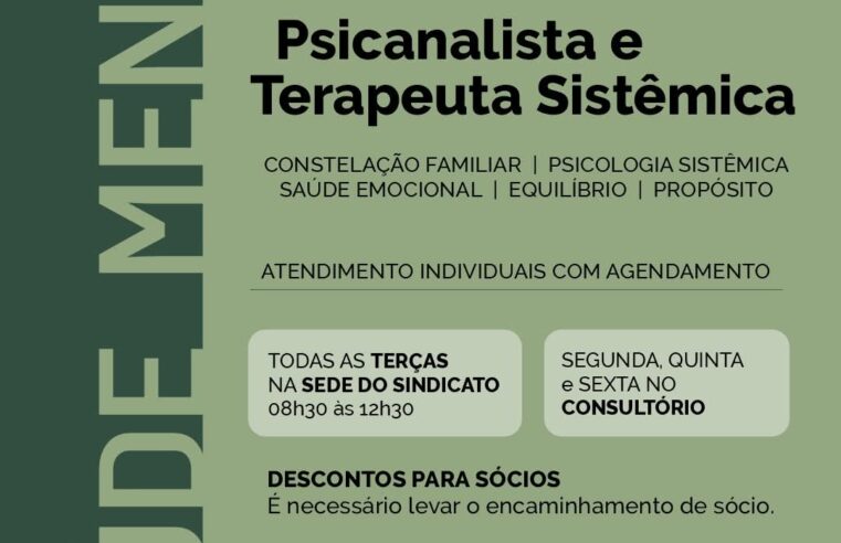 Sindicato oferece atendimentos com Psicanalista e Terapeuta Sistêmica