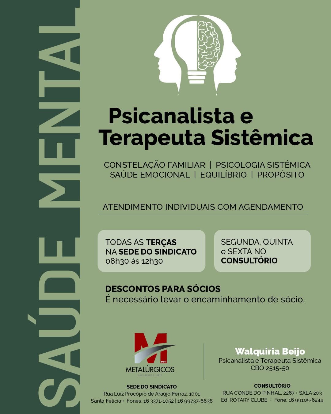 Sindicato oferece atendimentos com Psicanalista e Terapeuta Sistêmica