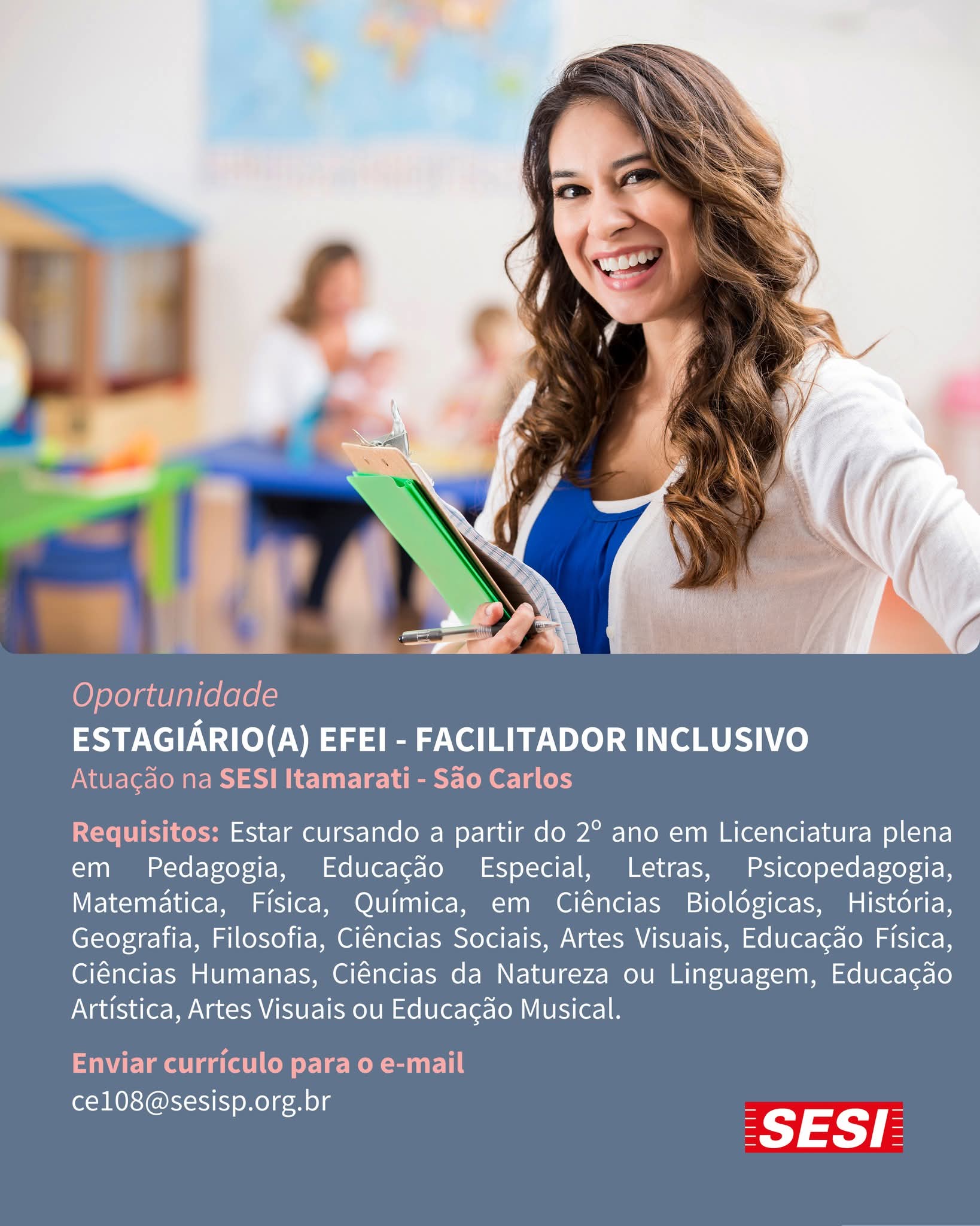 Vagas abertas para estagiários no SESI Itamarati – São Carlos