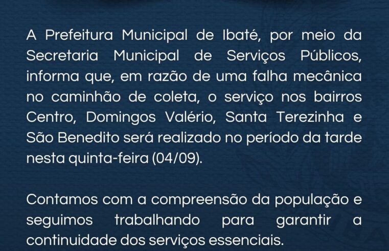 Ibaté: coleta de lixo atrasada nesta quinta-feira devido a problemas mecânicos