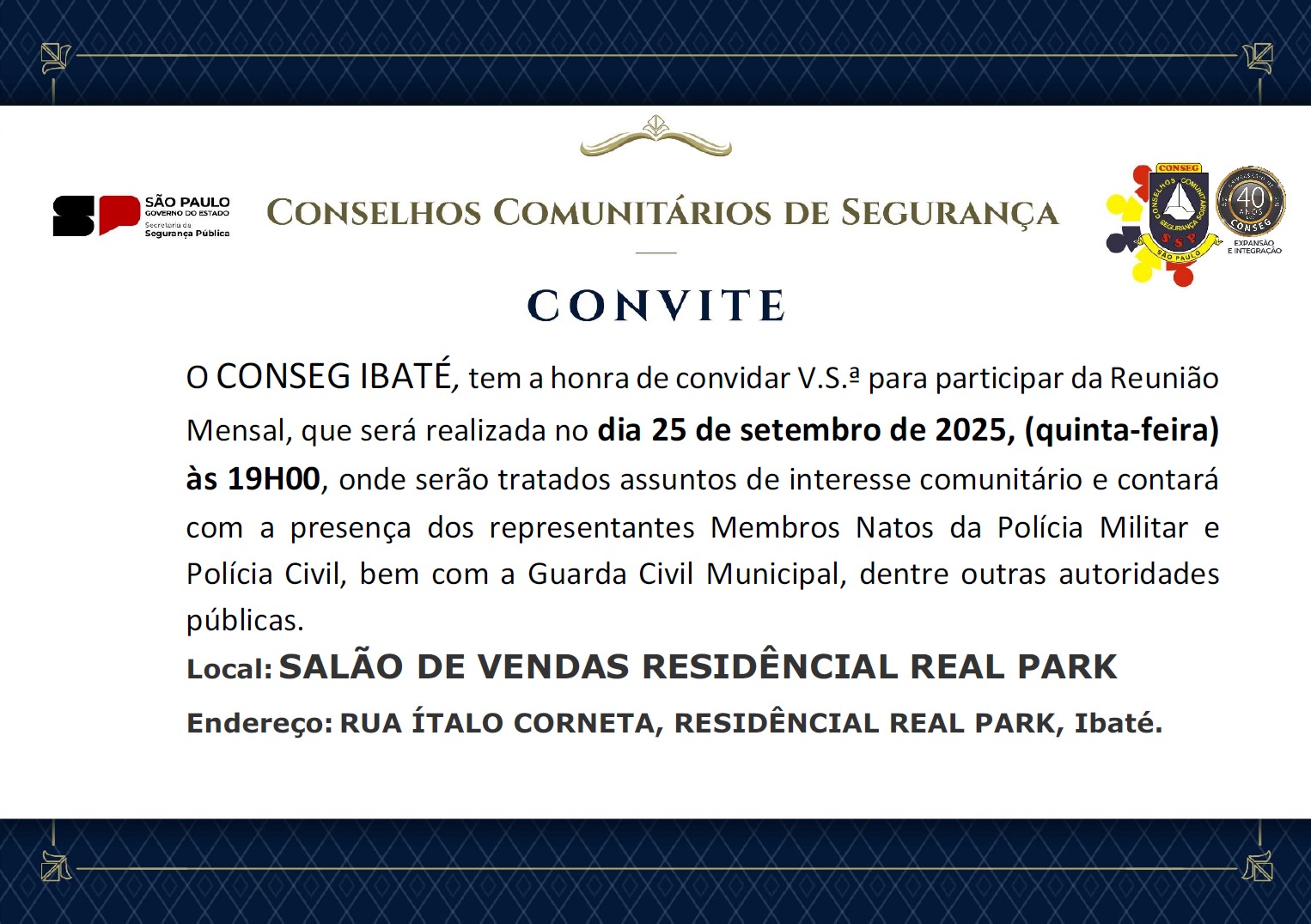 Conseg Ibaté realiza reunião mensal no Real Park e convida moradores a participar