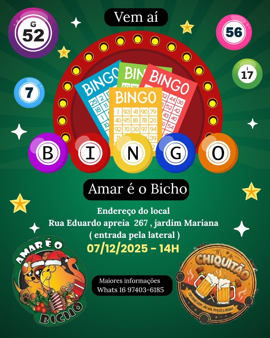 🎉 Vem aí mais um Bingo em prol da ONG Amar é o Bicho! 🐾❤️
