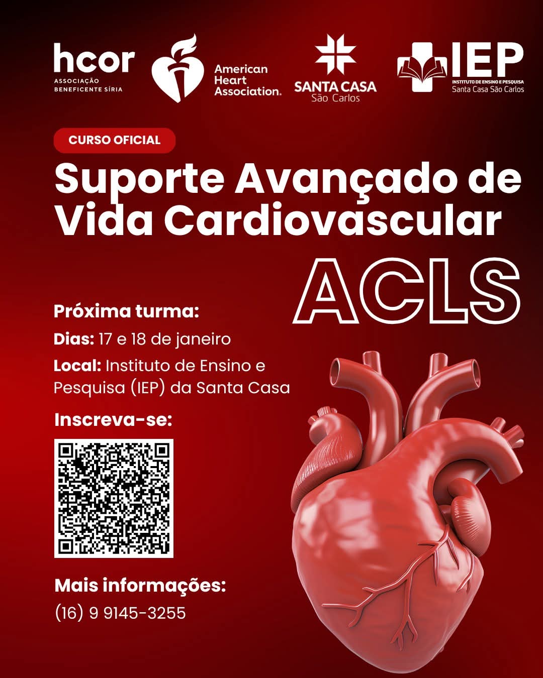 A Santa Casa de São Carlos anuncia que estão abertas as inscrições para o curso ACLS – Suporte Avançado de Vida Cardiovascular, da American Heart Association (AHA). Como sítio credenciado HCor, a instituição oferece treinamento oficial e certificado, voltado para profissionais da saúde que atuam em ambientes de alta complexidade e atendimentos críticos.