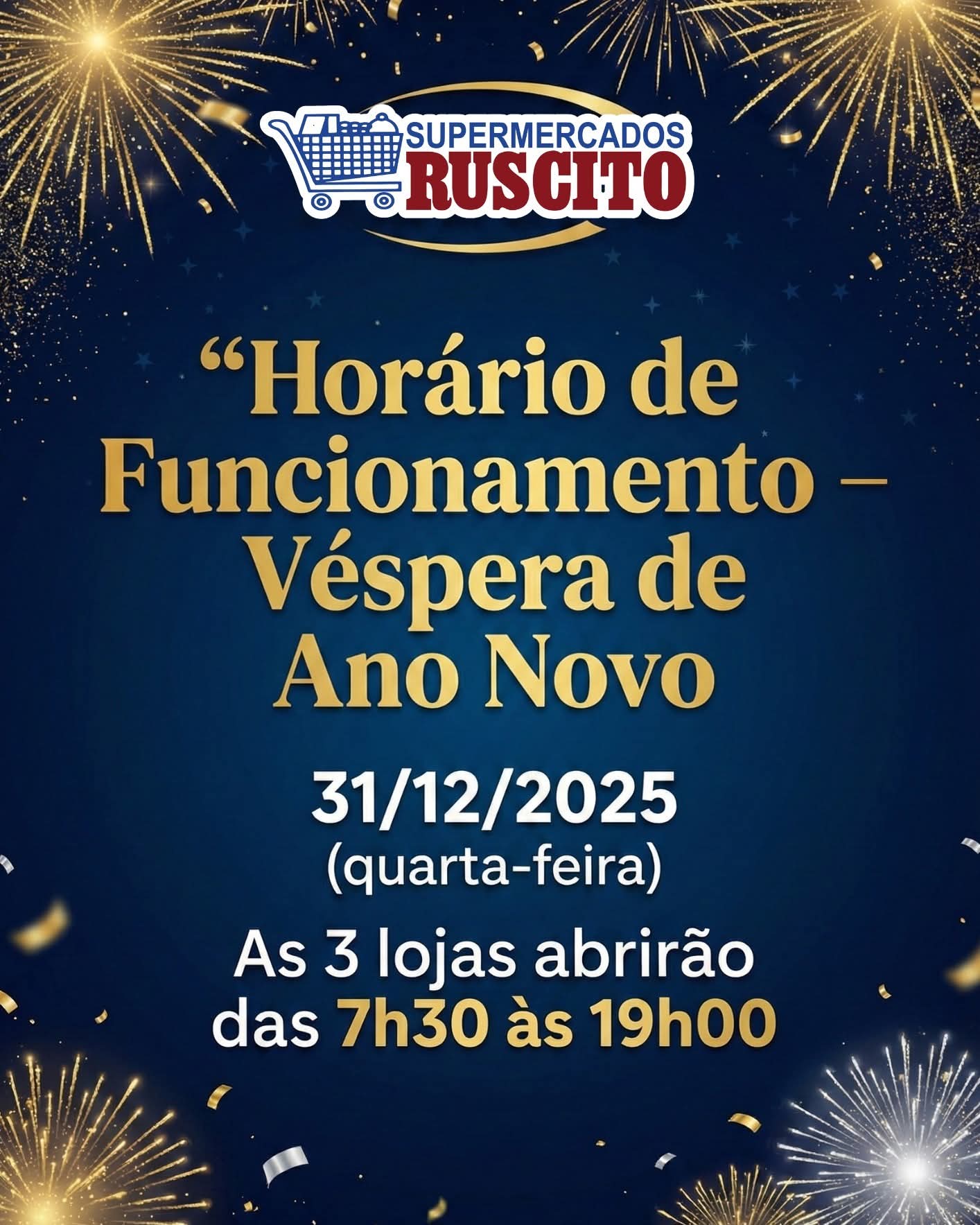✨🥂 Comunicado de Fim de Ano – Supermercados Ruscito 🥂✨