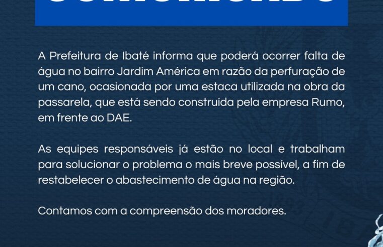 Prefeitura de Ibaté informa possível falta de água no Jardim América