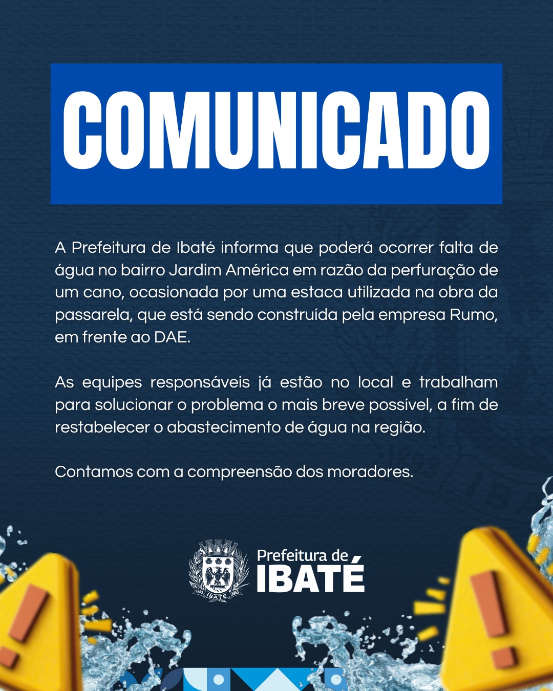 Prefeitura de Ibaté informa possível falta de água no Jardim América