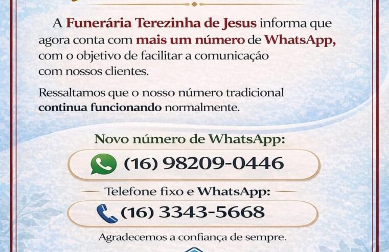 A Funerária Terezinha de Jesus informa que passou a contar com mais um número de WhatsApp, com o objetivo de facilitar e agilizar a comunicação com seus clientes.