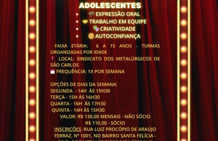🎭 Sindicato abre matrículas para aulas de Teatro! 🎭