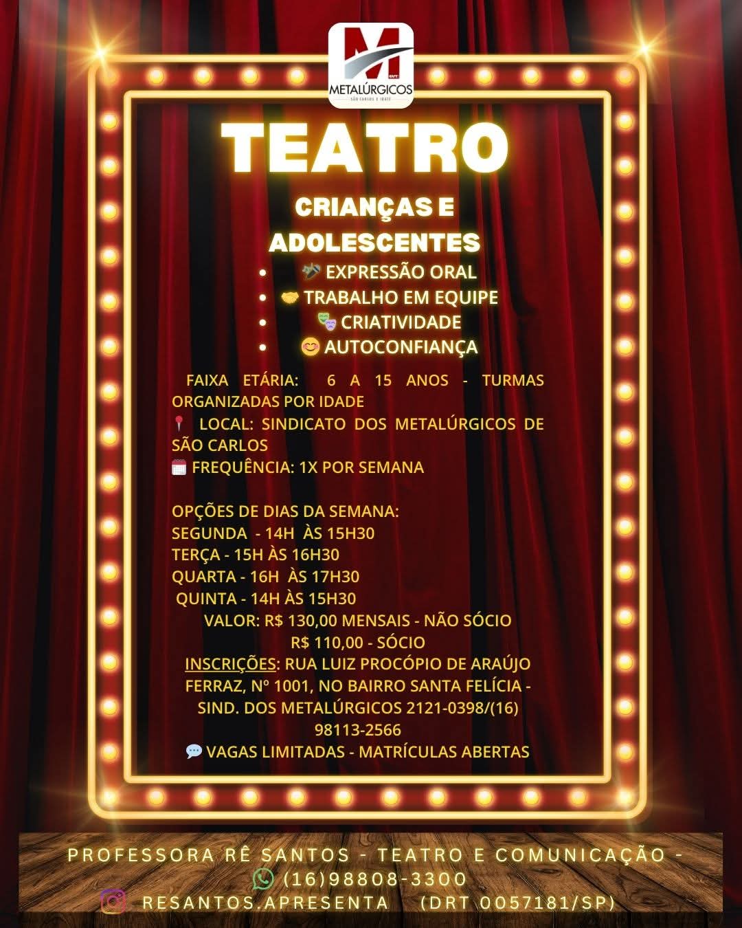 🎭 Sindicato abre matrículas para aulas de Teatro! 🎭