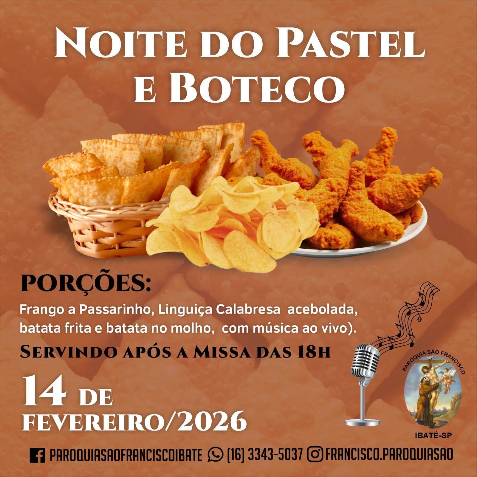 A Paróquia São Francisco de Assis de Ibaté promove, neste sábado, 14 de fevereiro, a tradicional Noite do Pastel, acompanhada de boteco e música ao vivo.