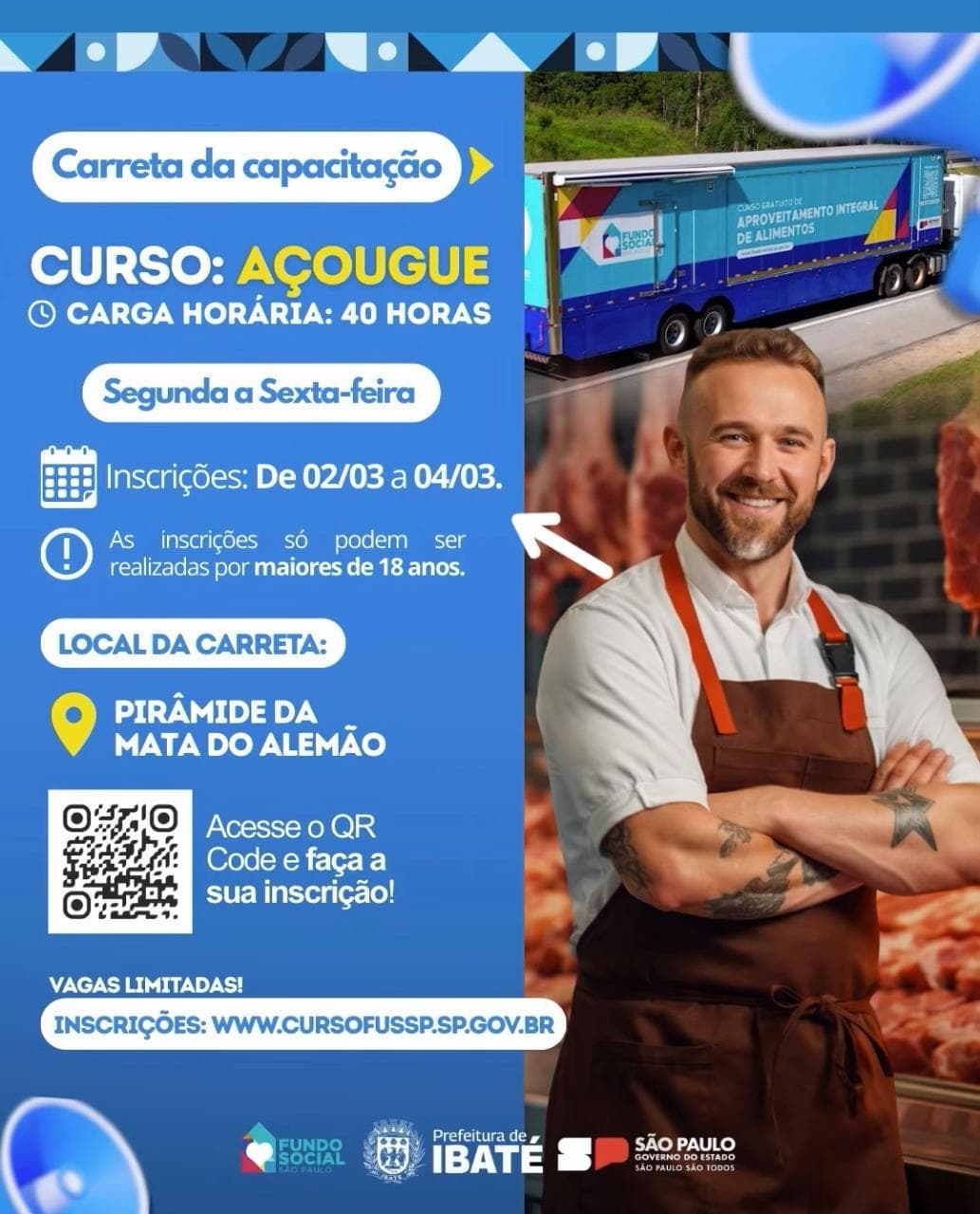 🚨Atenção: inscrições para cursos gratuitos de panificação e açougue em Ibaté encerram hoje