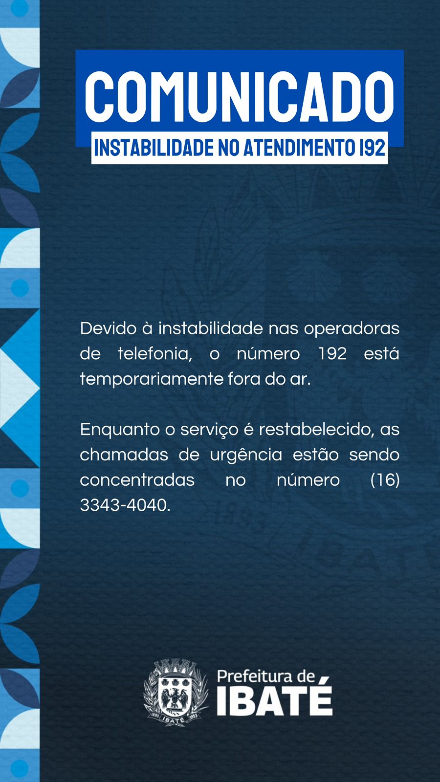 🚨SAMU informa instabilidade no telefone 192 e divulga número alternativo