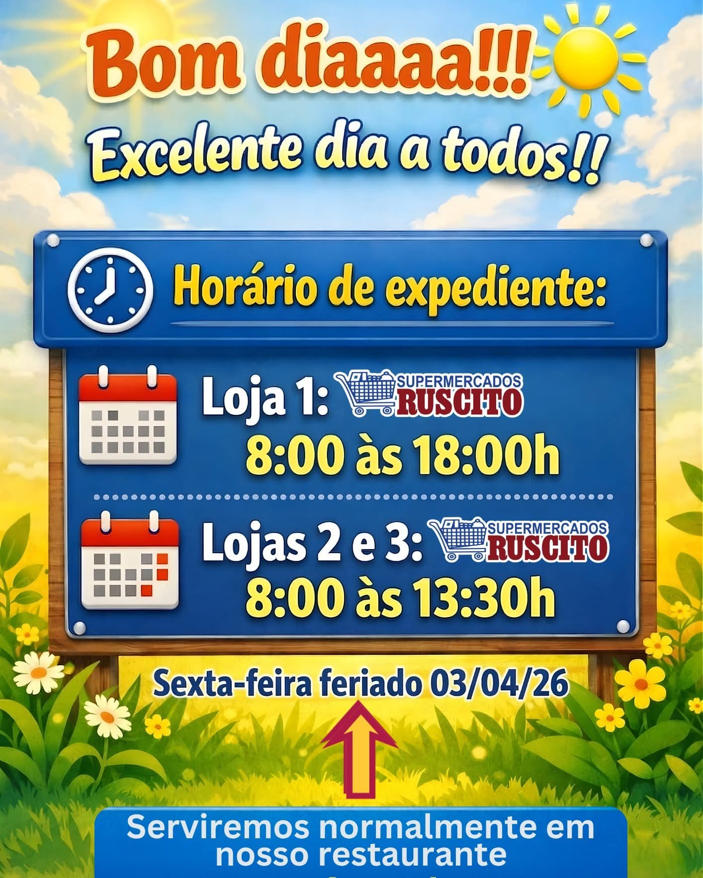 📌 Os Supermercados Ruscito informam os horários de atendimento para melhor atender seus clientes 🛒✨