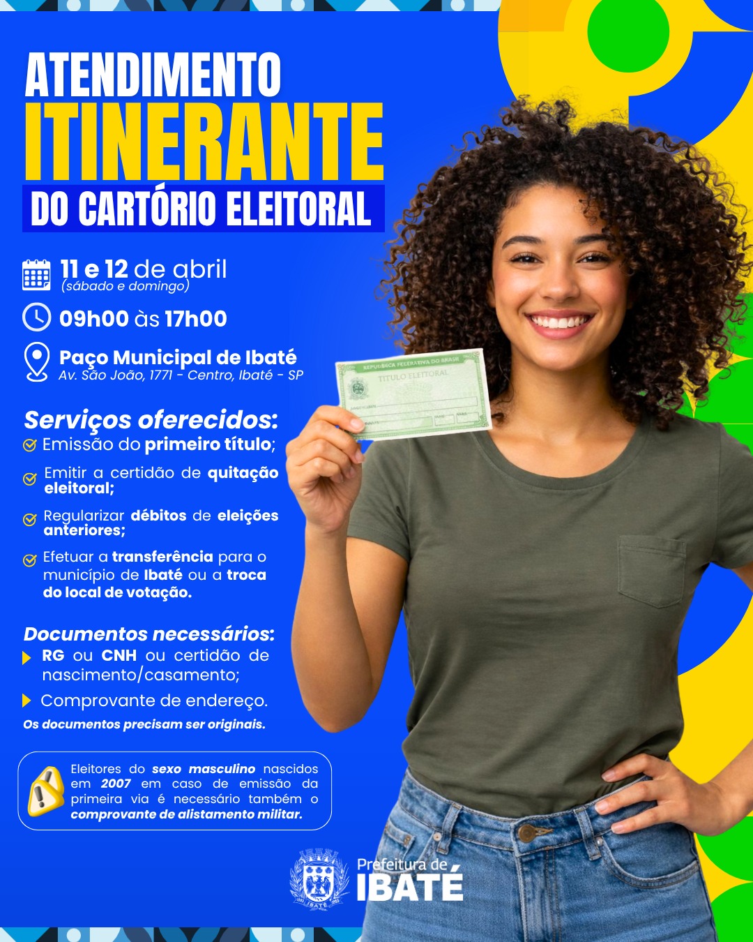 📌 Atendimento itinerante do Cartório Eleitoral será realizado em Ibaté neste fim de semana