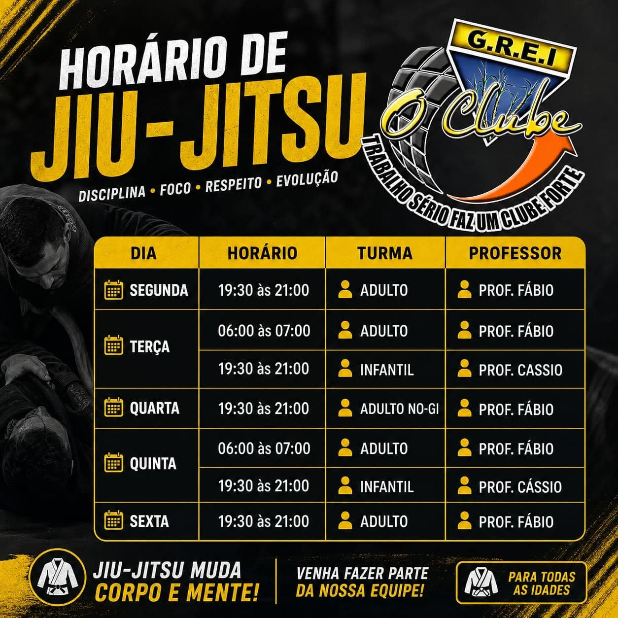 O Grei segue oferecendo aulas de Jiu-Jitsu exclusivas para sócios do clube, proporcionando uma excelente oportunidade para quem busca mais saúde, disciplina, condicionamento físico e equilíbrio mental através do esporte. 🥋