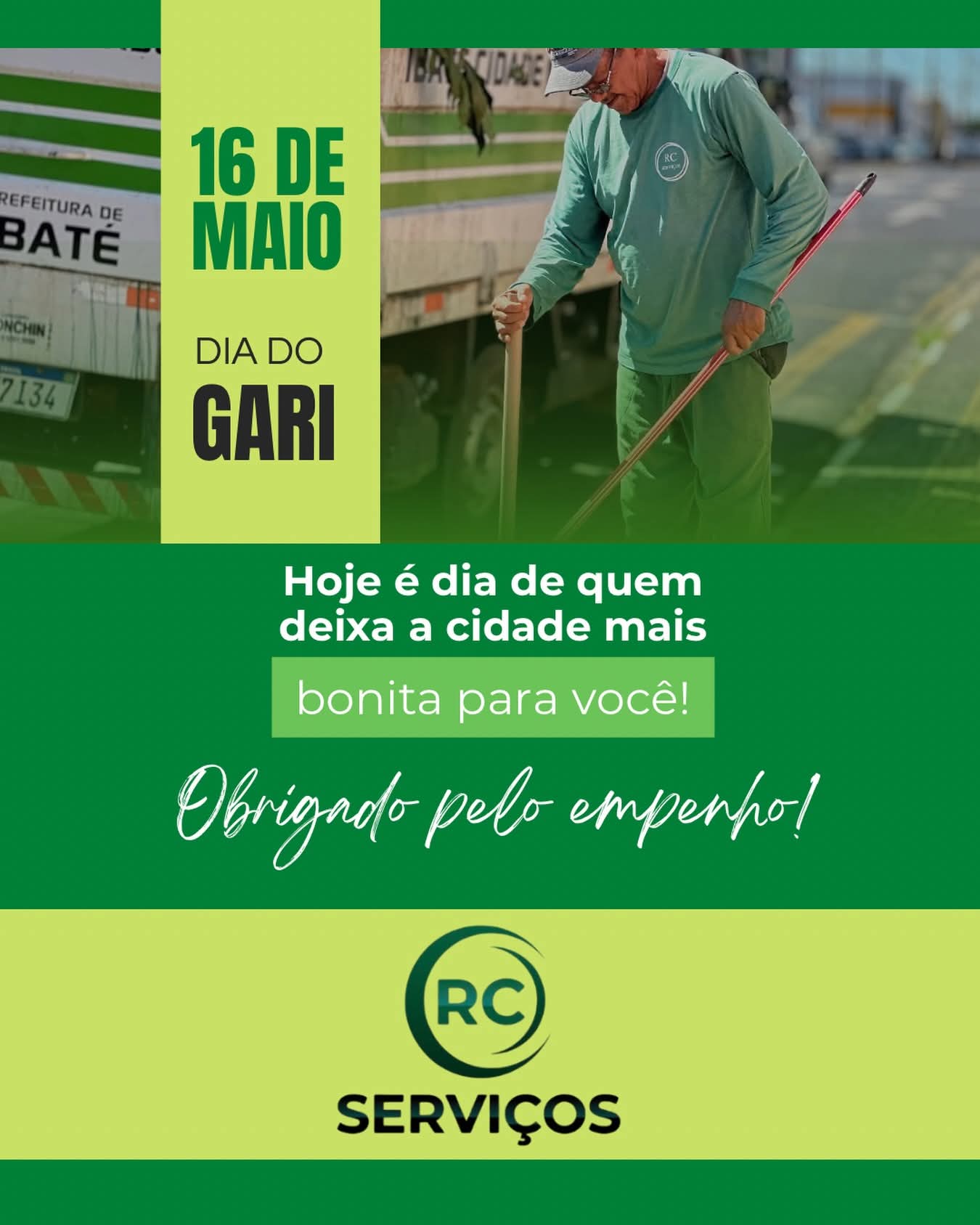 Neste 16 de maio, a RC Serviços homenageia todos os garis, profissionais essenciais que, com dedicação e esforço diário, ajudam a manter nossa cidade mais limpa, organizada e acolhedora para todos.