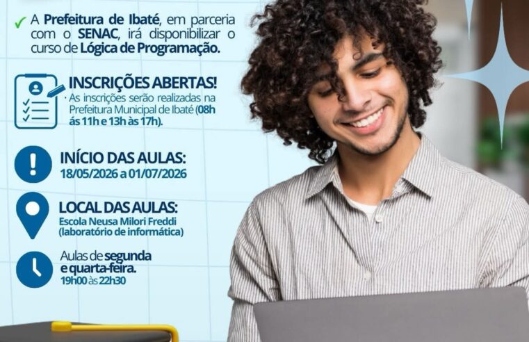 Em Ibaté, a Prefeitura Municipal segue ampliando oportunidades e investindo na qualificação profissional da população. Em parceria com o Senac São Carlos, estão abertas as inscrições para o curso gratuito de Lógica de Programação, uma iniciativa coordenada pela Secretaria Municipal de Governo que reforça o compromisso da administração com o desenvolvimento educacional e profissional dos moradores.