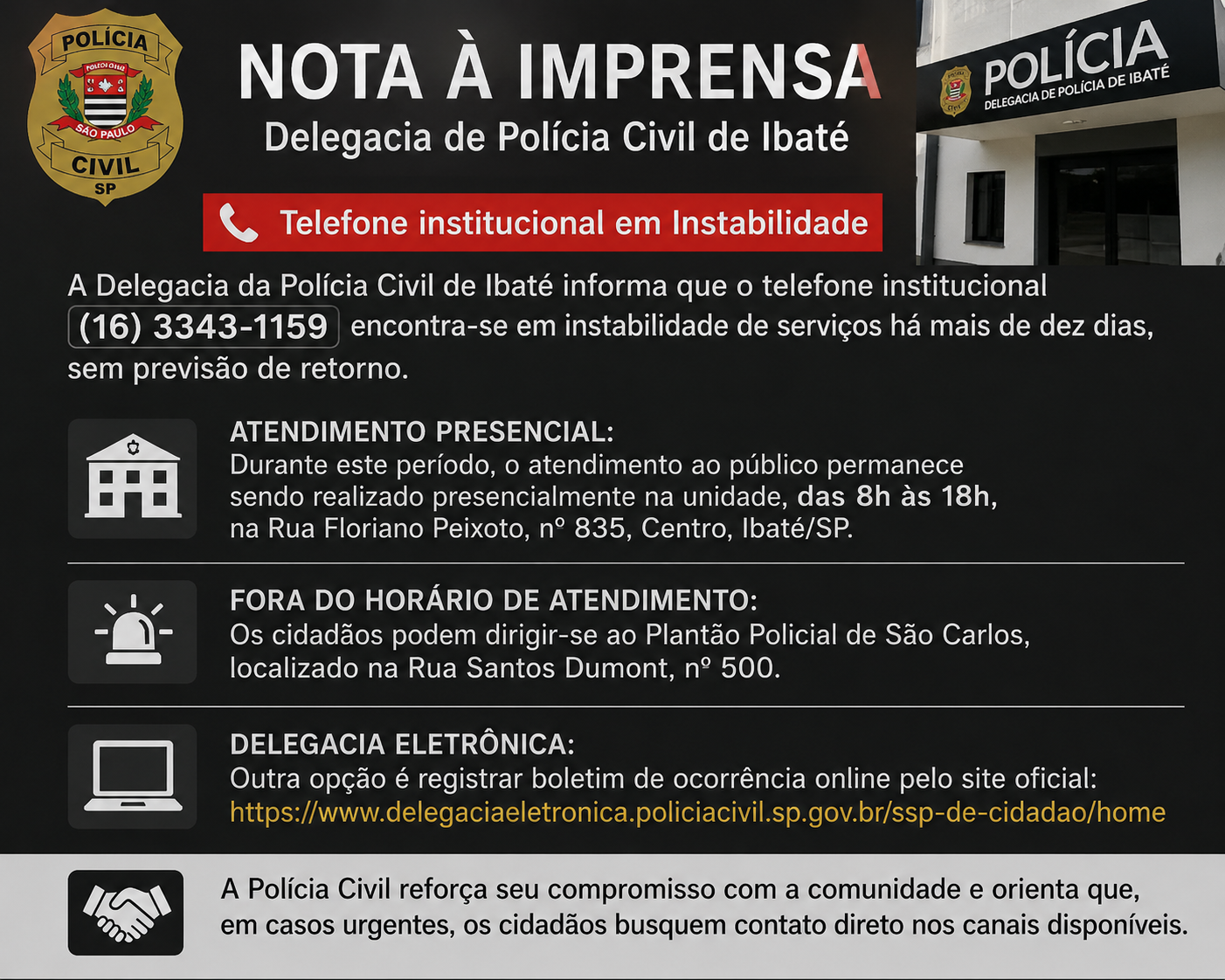 📌 Polícia Civil de Ibaté informa instabilidade em telefone institucional e orienta população sobre atendimento
