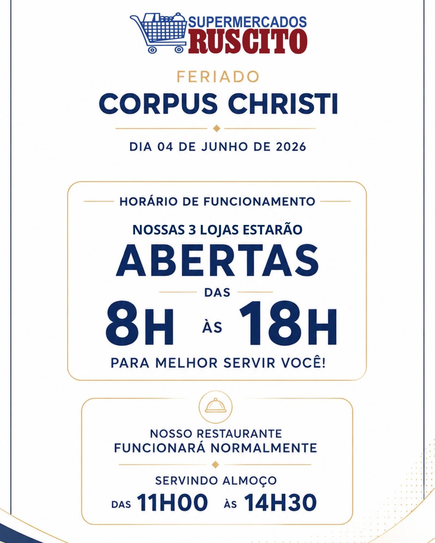 ✨ Neste feriado de Corpus Christi, os Supermercados Ruscito estarão prontos para atender você e sua família com toda a comodidade e qualidade de sempre!