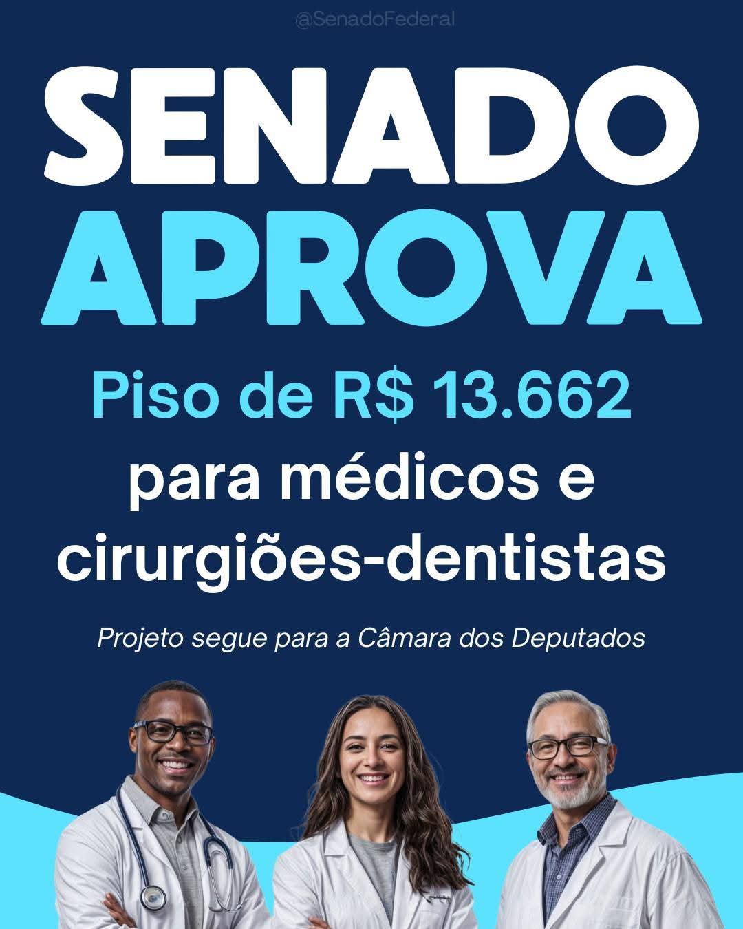 📌 Comissão do Senado aprova aumento do piso salarial de médicos e dentistas para R$ 13,6 mil