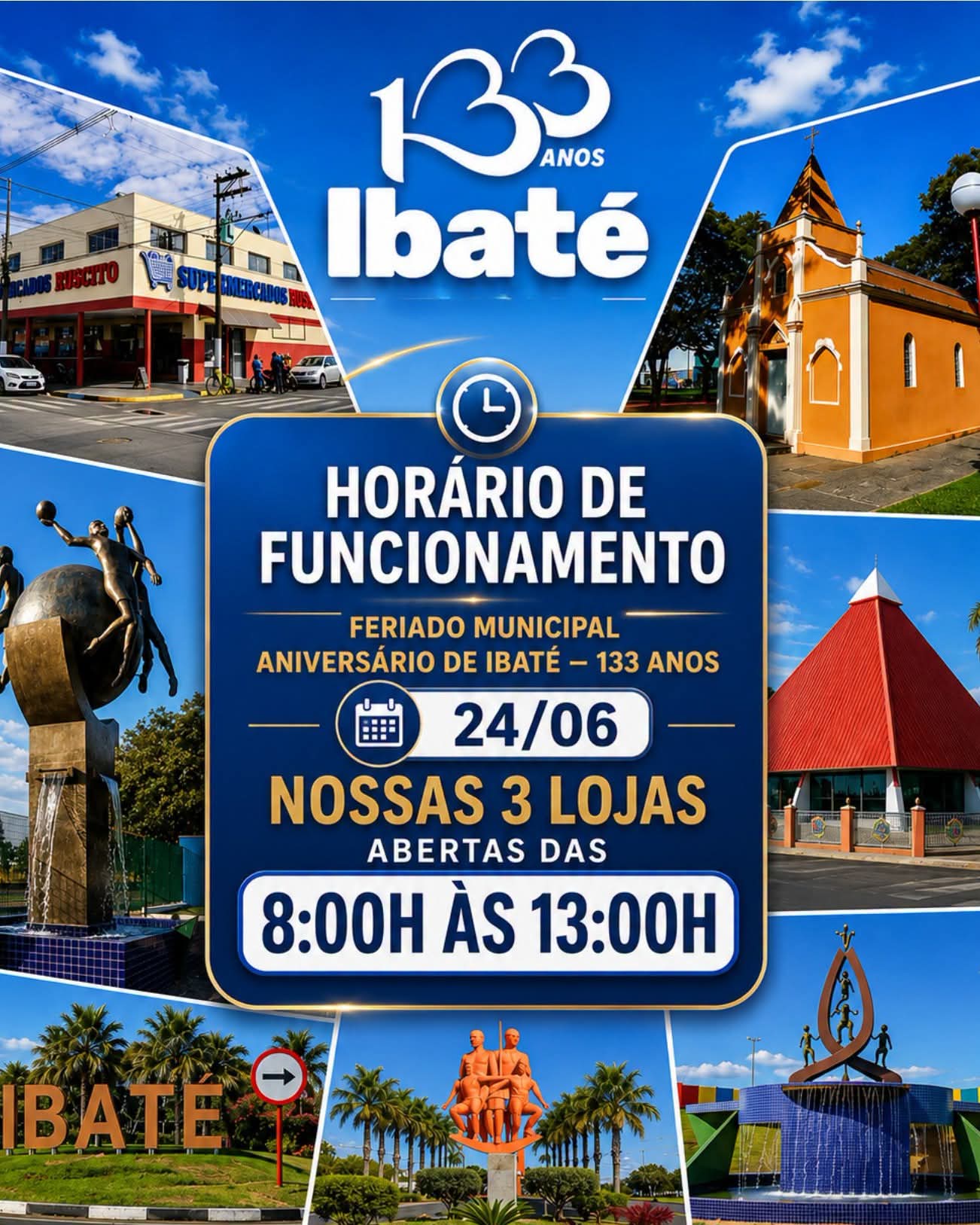📢 Atenção para o horário de funcionamento neste feriado de 24 de junho, aniversário de Ibaté!