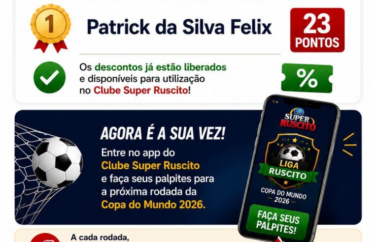 📌 O Super Ruscito anunciou o grande vencedor de mais uma rodada da emocionante disputa de palpites da Copa do Mundo 2026.
