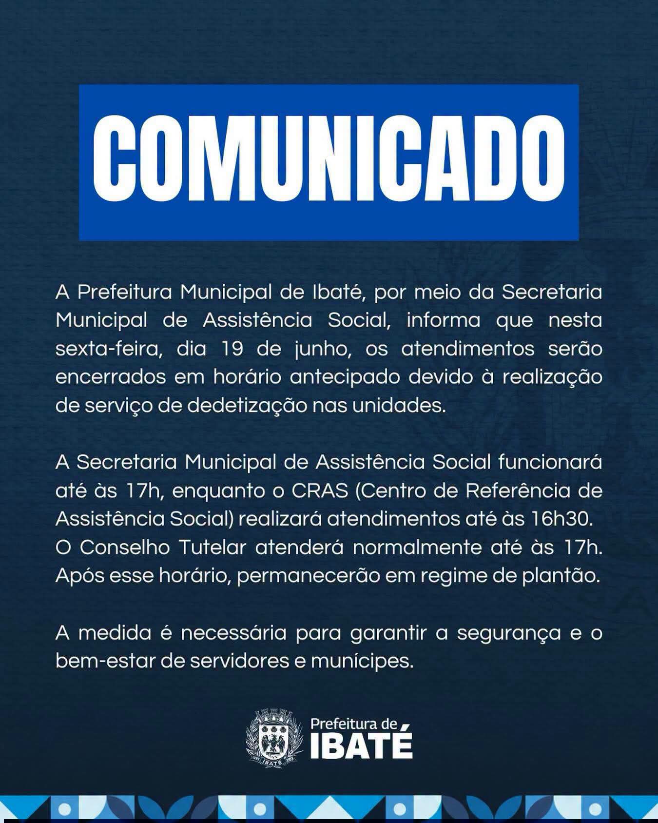 📌 Prefeitura de Ibaté informa alteração no horário de atendimento da Assistência Social nesta sexta-feira