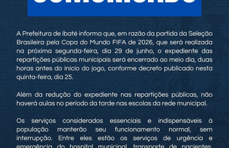 📌 Prefeitura de Ibaté altera expediente das repartições públicas durante jogo da Seleção Brasileira