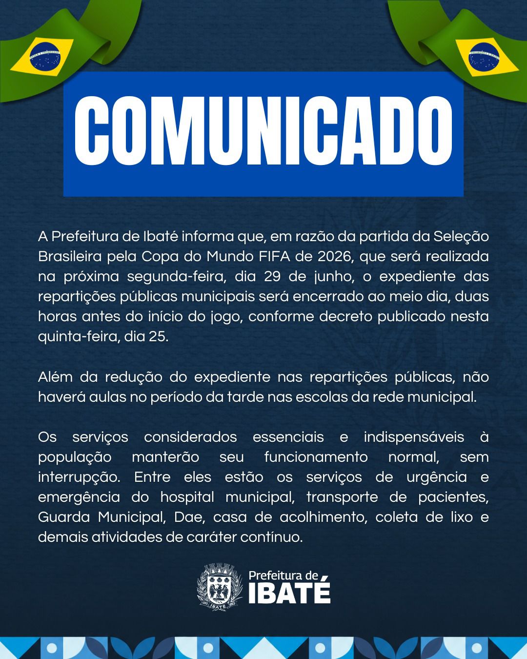 📌 Prefeitura de Ibaté altera expediente das repartições públicas durante jogo da Seleção Brasileira