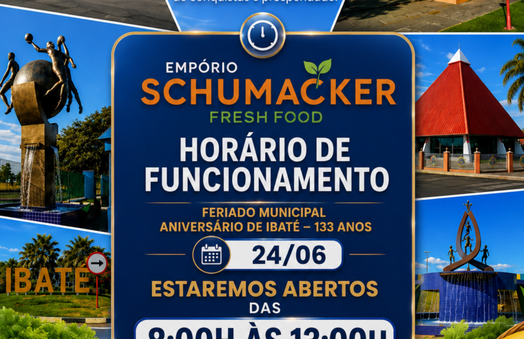 📌 Em comemoração aos 133 anos de Ibaté, o Empório Schumacker Fresh Food informa seus clientes sobre o horário especial de funcionamento no feriado municipal.
