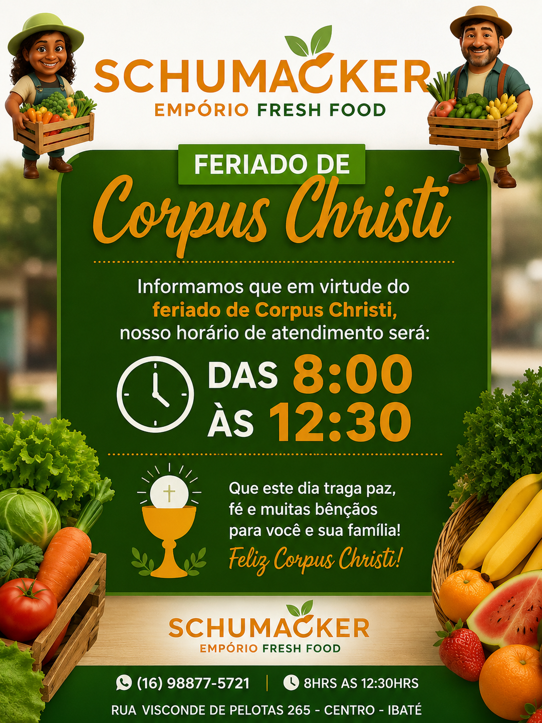 🥬 Feriado de Corpus Christi com atendimento especial no Empório Schumacher Fresh Food!