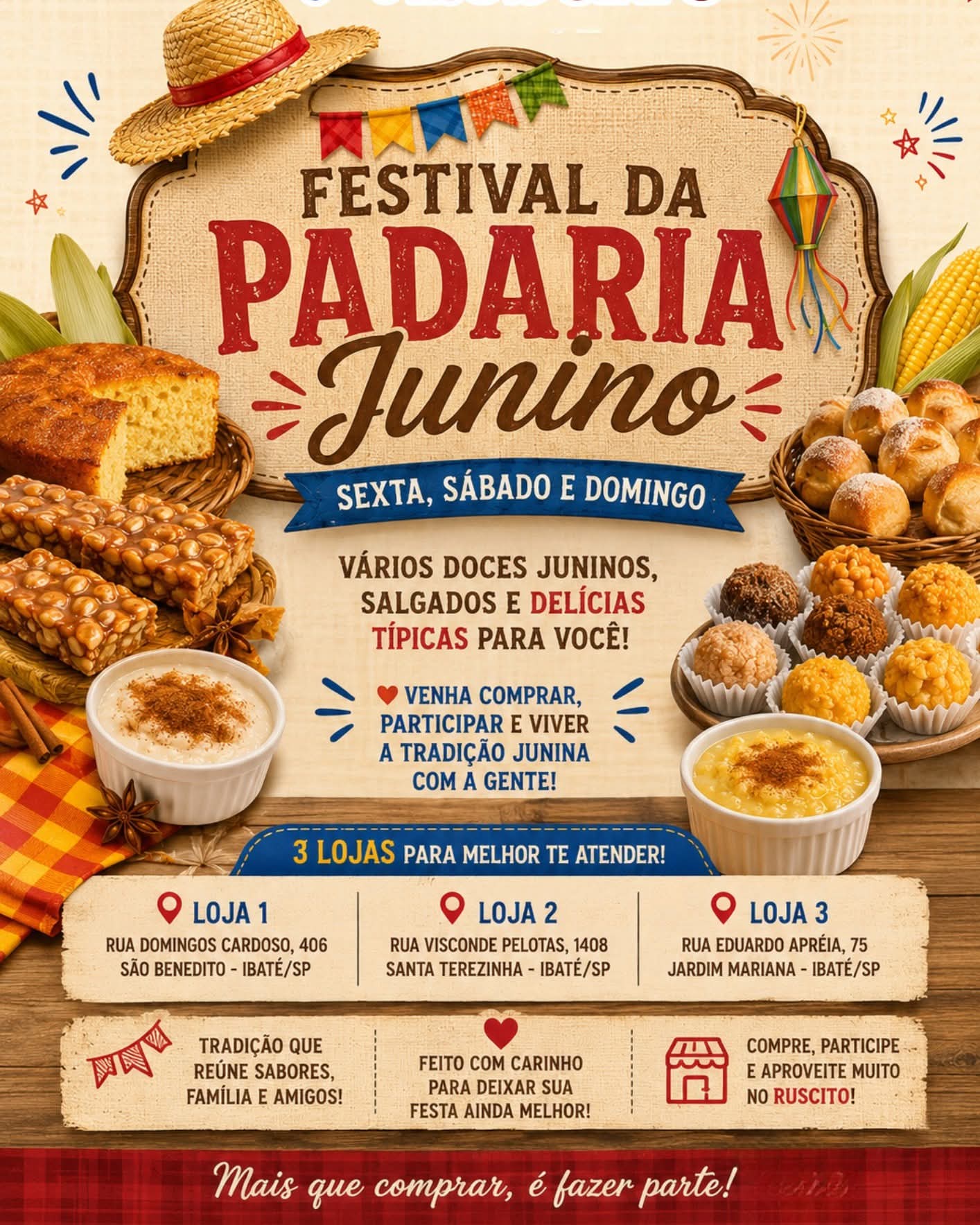 🌽🎉 O clima de Festa Junina já tomou conta da Padaria do Supermercados Ruscito ! 🎉🌽